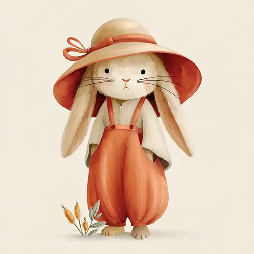 Hazel the Bunny in Orange Overalls for Cute Kids’ Room Wall Art